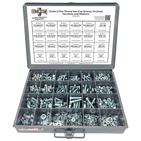 Boltsandnuts.Com Inch Grade 5 FINE Hex Cap Screws, Hex Nuts, Flat & Lock Washers - 574PCS Assortment Kit #213
